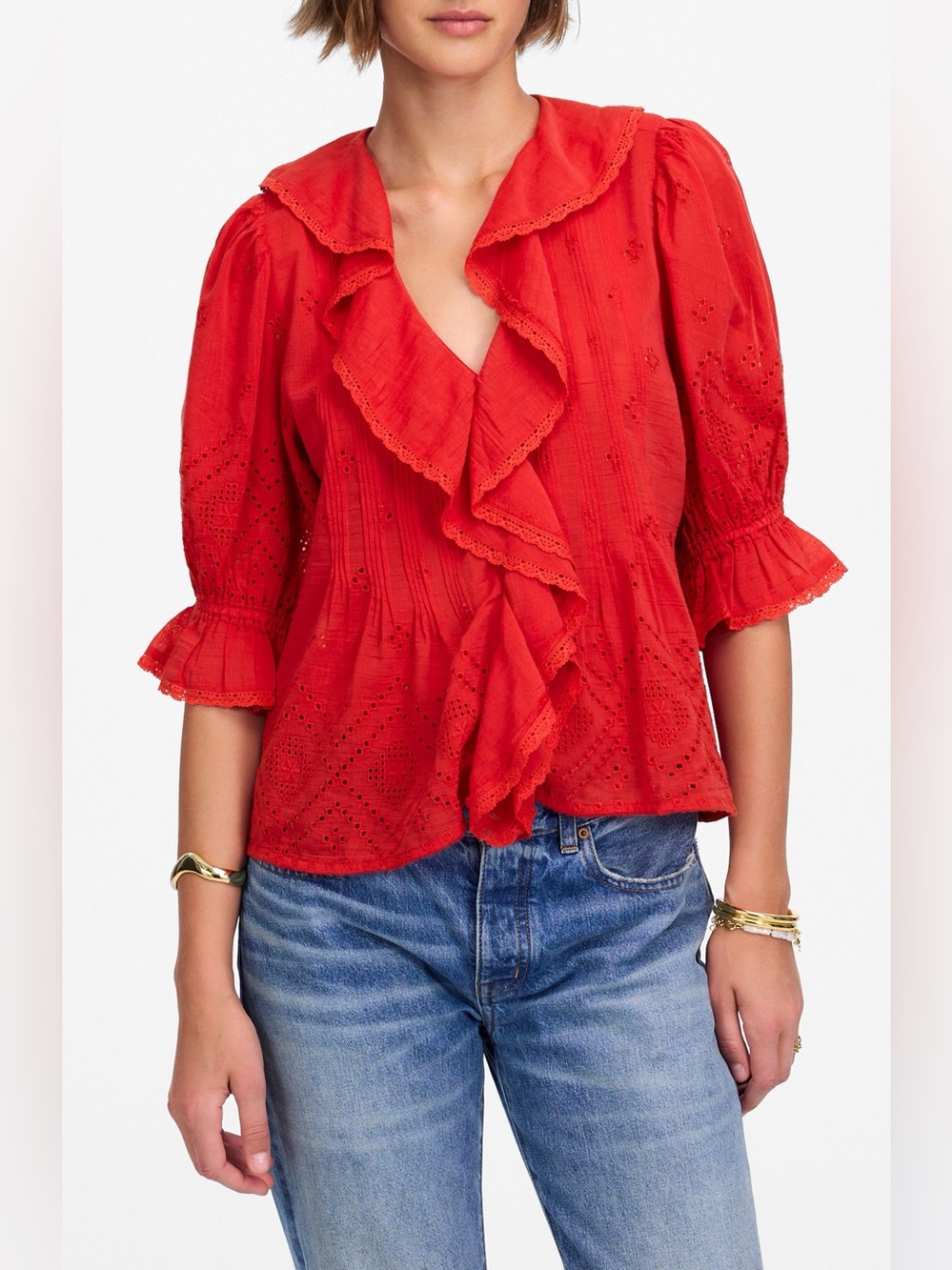 Madewell Pintuck Ruffle Puff Sleeve Top Size Medium in Red